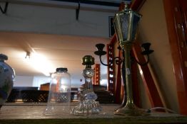 Candelabra, brass table lamp, etc