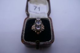 Antique yellow gold mourning ring with rectangular panel with black enamel and three clear stones, s