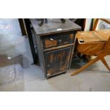 Painted bedside chest, inlaid table and cantilever sewing box