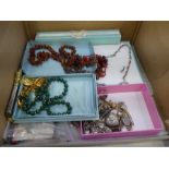 A tray of modern costume jewellery including a Silver pin dish, Cheroot holder, a string of Amber be