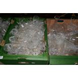 Three crates of mixed crystal and glassware including vases, decanters, etc