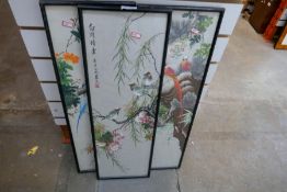 Oriental screen printed silks depicting birds, signed in calligraphy and sealed