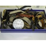 A tray of vintage ladies and gents wristwatches, white metal stop watch, etc