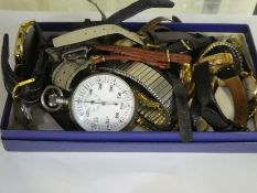 A tray of vintage ladies and gents wristwatches, white metal stop watch, etc