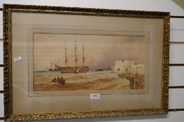 Thomas Bush Hardy; a 19th century watercolour of Portsmouth harbour with figures and ships, 44 x 22c