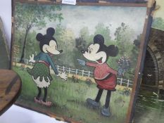 Four mid 20th Century oil paintings of Disney characters including Mickey Mouse and Donald Duck, two