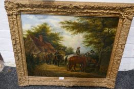 A 19th century oil of figures and horses in country lane, unsigned, 67.5 x 51.5cms
