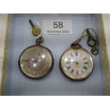 Two continental silver cased ladies fob watches, one with a pretty silvered enamel dial and gilt Rom