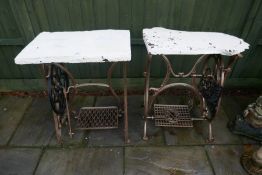 Two old treadle bases with wooden tops