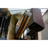 A box of sundry, three stools and three pictures etc