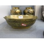 A pair of Chinese brass vases  decorated Bird and Deer, and an oval brass dish