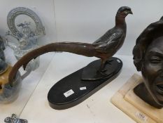 A patinated brass sculpture of Pheasant one oblong marble base, possibly French length 52cms