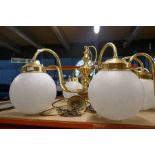 6 Brass plated six branch chandeliers having globular shades, 2 incomplete