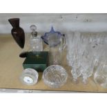 A large quantity of glassware including a pair of Victorian painted vases and a Tyrone Crystal mante