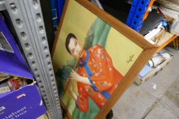 Framed picture of a lady playing instrument, signed Sing Hua, carved panel, lacquered tray, stained
