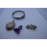 Very pretty plated turquoise and seed pearl brooch Amethyst 3 stone brooch, white metal bangle and l