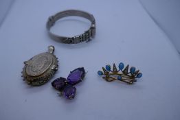 Very pretty plated turquoise and seed pearl brooch Amethyst 3 stone brooch, white metal bangle and l