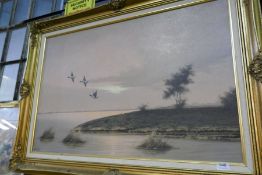 A modern oil painting of ducks in flight