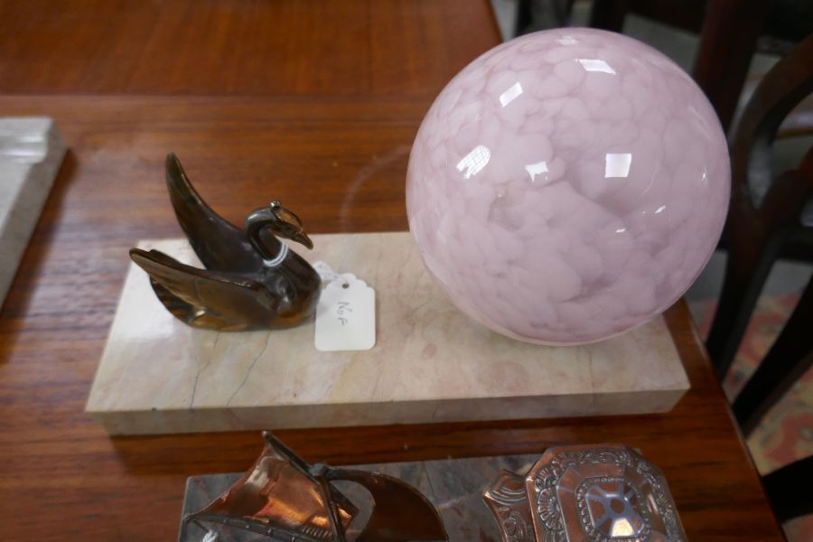 A French Art Deco ink stand decorated ship and one other Deco table lamp decorated Swan on marble ba - Image 6 of 6