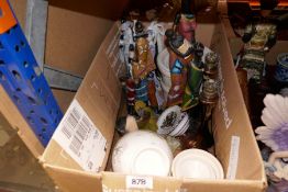 A box of mostly African resin figures and a small quantity of china, etc