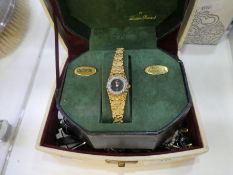 A jewellery box containing various vintage watches, costume jewellery and a Dufonte plated wristwach