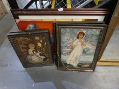 Set of vintage tapestries depicting child with dog and a picture of a harbour
