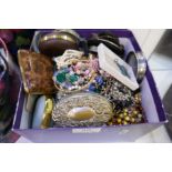 Box of modern and vintage costume jewellery including tiger-eye necklaces, pearls etc