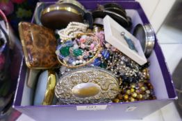 Box of modern and vintage costume jewellery including tiger-eye necklaces, pearls etc