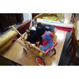 Two Steiff teddy bears and a Steiff pull along cart