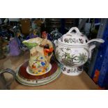 A musical jug, a Portmeirion tureen and some plates