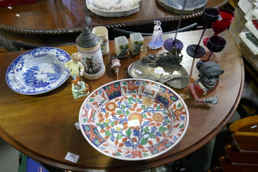 A Royal Worcester figure 'October' three graduated Wedgwood glass candlesticks and sundry - Image 2 of 9