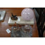 A French Art Deco ink stand decorated ship and one other Deco table lamp decorated Swan on marble ba