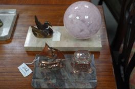 A French Art Deco ink stand decorated ship and one other Deco table lamp decorated Swan on marble ba
