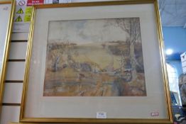 Four framed and glazed watercolours, one depicting horse ploughing field, signed