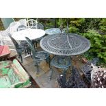 An aluminium garden table and a set of four chairs, and various other tables and chairs