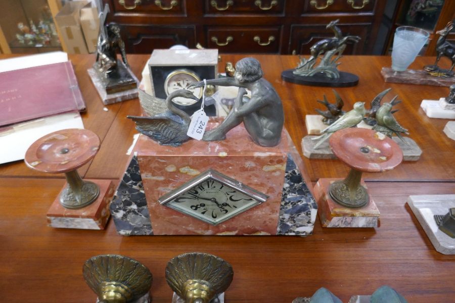 A French marble Art Deco clock garniture, the clock decorated seated nude beside Swan - Image 5 of 11