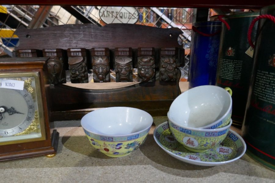 A wooden pipe rack, mantle clock and some 21st Century Chinese ceramics