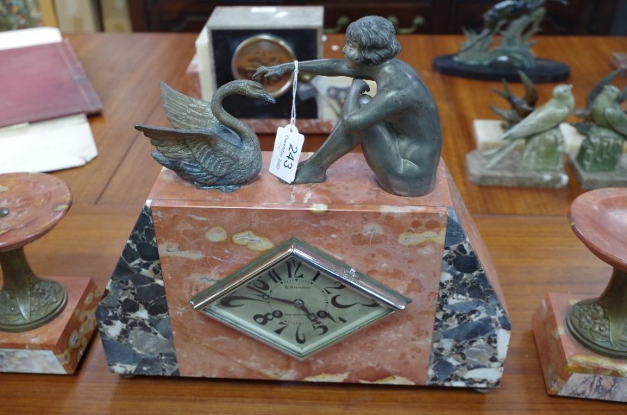 A French marble Art Deco clock garniture, the clock decorated seated nude beside Swan - Image 2 of 11