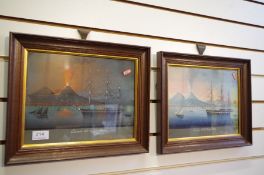 A pair of mid 19th Century Italian Gouaches of ships and Mount Vesuvius, dated 1850, each 29.5 x 22c