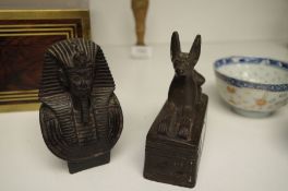 An Egyptian style figure of Anubis on oblong base with hieroglyphic decoration 10cms, and one other
