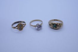 9ct gold dress rings, and one unmarked yellow metal enamelled panel ring, approx 5.6g gross