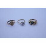 9ct gold dress rings, and one unmarked yellow metal enamelled panel ring, approx 5.6g gross