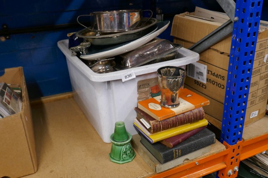 A mixed set of silver plate ceramics incl. Poole Pottery and some books