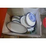 A Box of blue and white china, various Babycham glasses and sundry