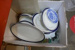 A Box of blue and white china, various Babycham glasses and sundry