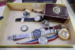 Tray of vintage watches including vintage Seiko watch, silver and enamel example and a gold plated p