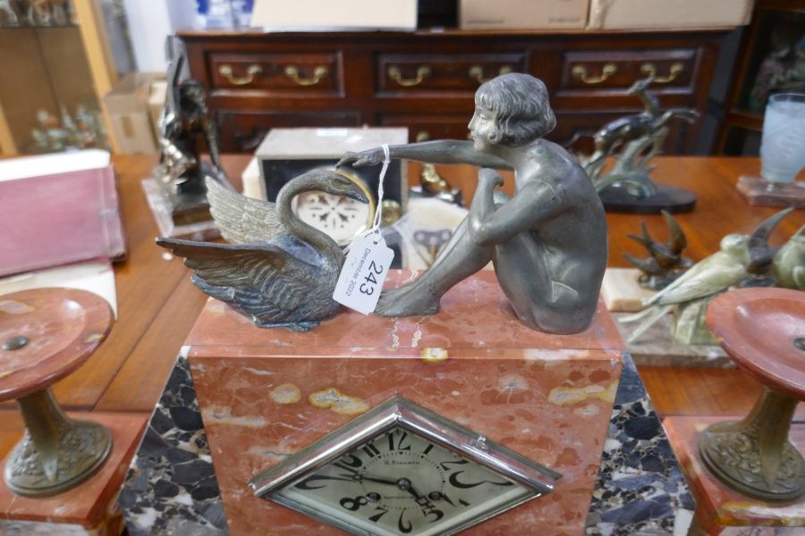 A French marble Art Deco clock garniture, the clock decorated seated nude beside Swan - Image 9 of 11