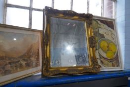A modern gilt wall mirror and a still life painting