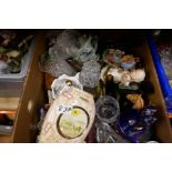 Two boxes of mixed ceramics incl. Nao style figurines, brass and metal ware, cow creamers, glasses e