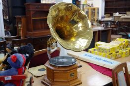 An HMV octagonal shaped gramophone, with large brass horn